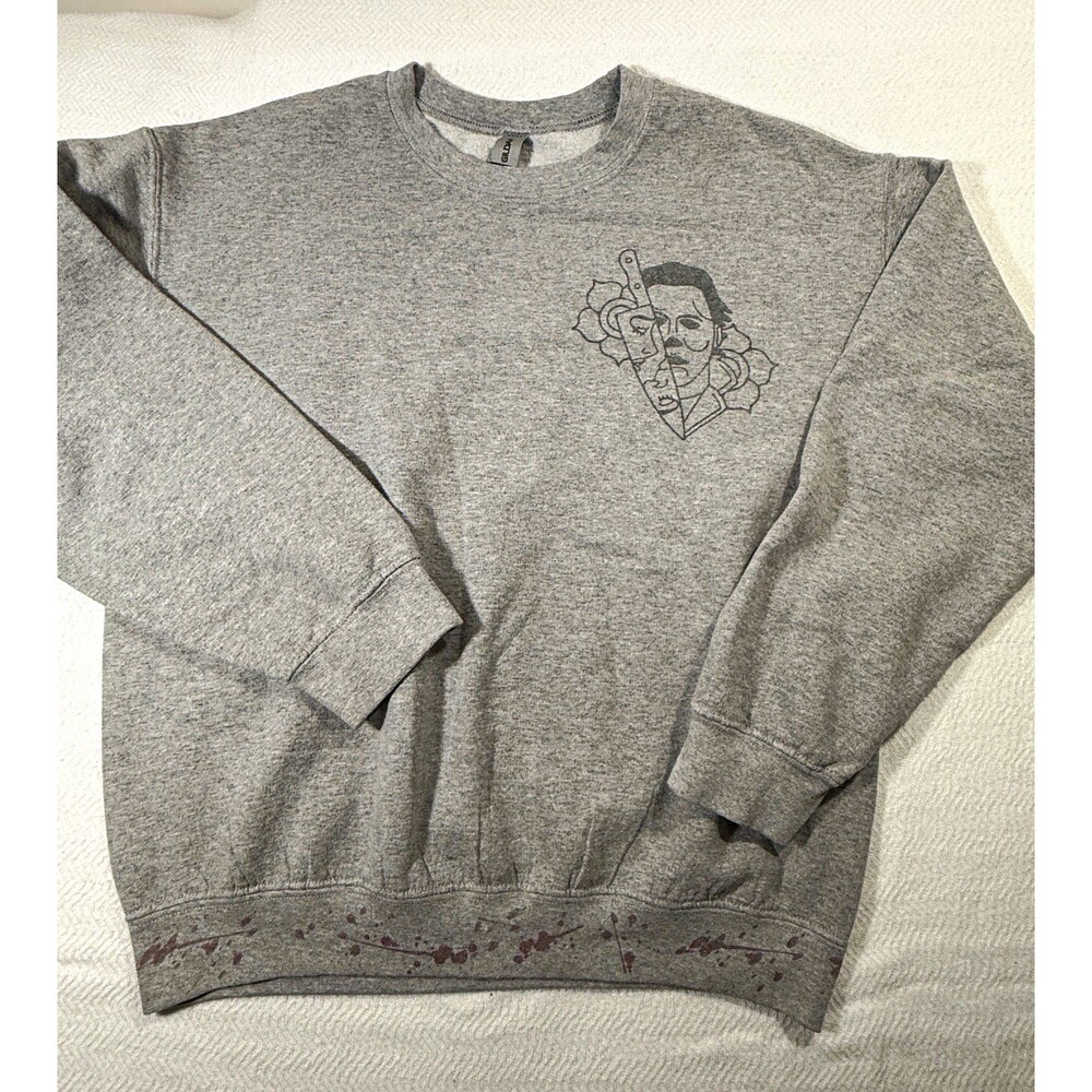 Gildan Womens M Gray Fleece Crew Neck Pullover Sweatshirt Michael Myers LS
